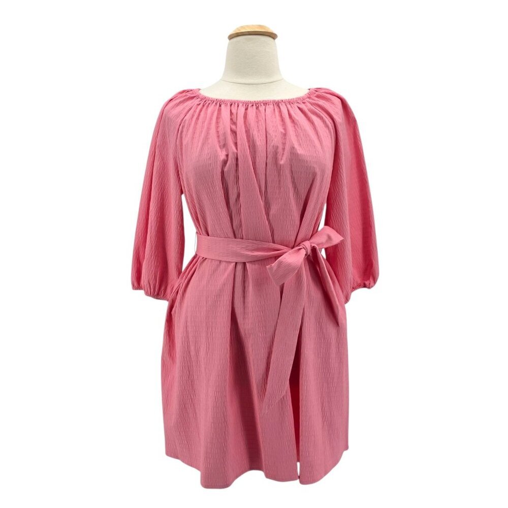 NEW Elizabeth And James Womens XL Dress Mini Pink Textured Balloon Sleeve Belted